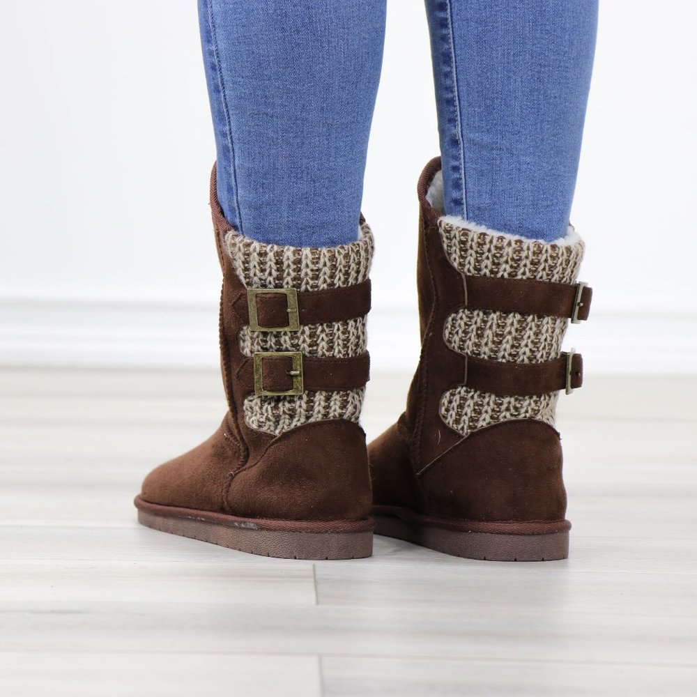 Brown Winter Warm Sherpa Lining Inside  No Heel Mid Calf Flat Boots - Picture 7 of 11